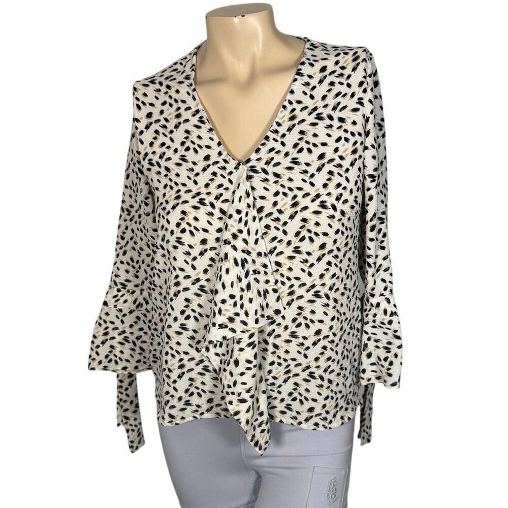 Arnaldo Animal Print Blouse Flared Tie Sleeves Ivory Black Size 6